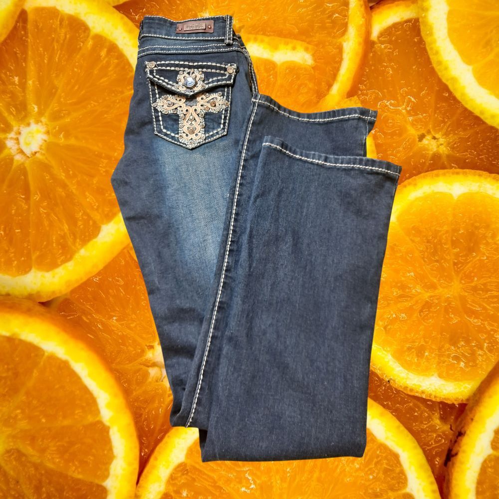 ViVi Dina Embellished Boot Cut Jeans Crystal Cross Pocket Dark Wash Size 5‎